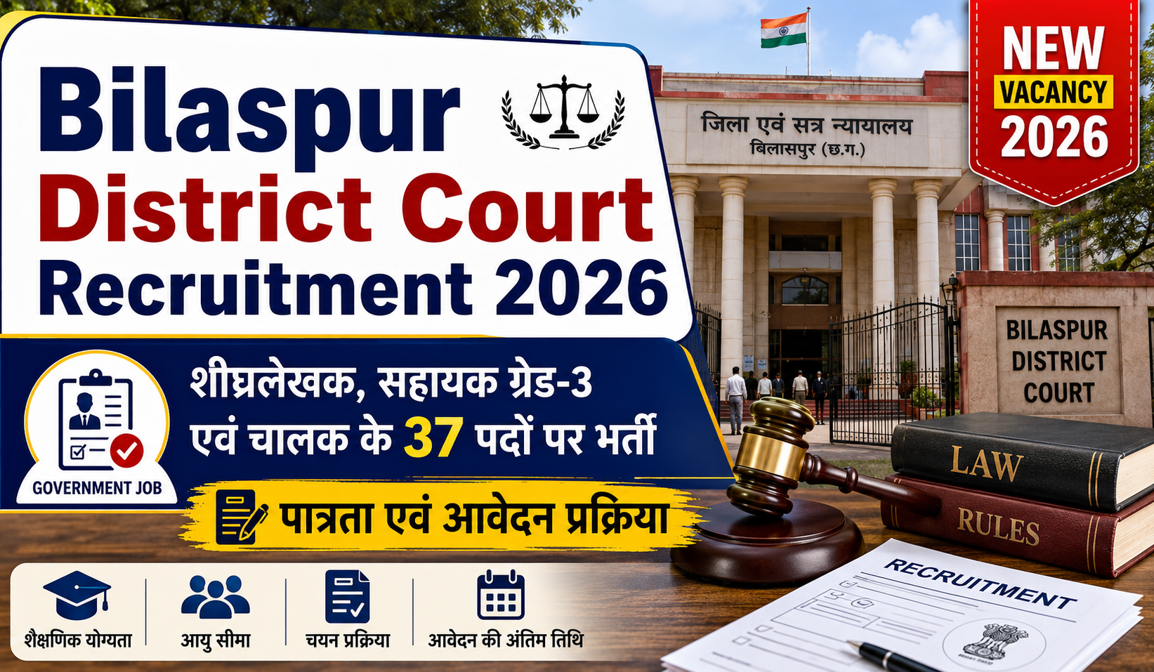 Bilaspur District Court Recruitment 2026: शीघ्रलेखक, सहायक ग्रेड-3 एवं चालक के 37 पदों पर भर्ती, पात्रता एवं आवेदन प्रक्रिया