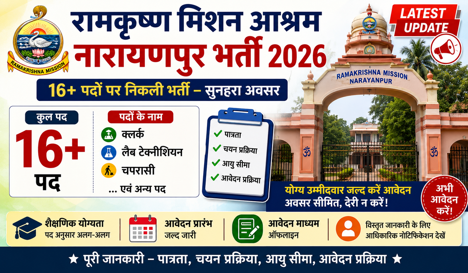 रामकृष्ण मिशन आश्रम नारायणपुर भर्ती 2026: क्लर्क, लैब टेक्नीशियन, चपरासी सहित 16+ पदों पर निकली भर्ती, पात्रता एवं आवेदन प्रक्रिया