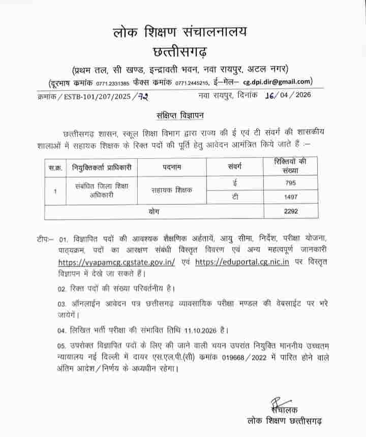 CG Vyapam Assistant Teacher Vacancy 2026