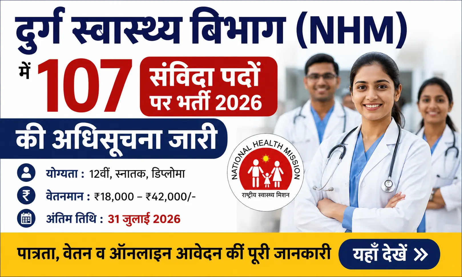 Durg NHM Recruitment 2026: दुर्ग स्वास्थ्य विभाग में 107 संविदा पदों पर निकली भर्ती, जानें पात्रता और ऑनलाइन आवेदन प्रक्रिया