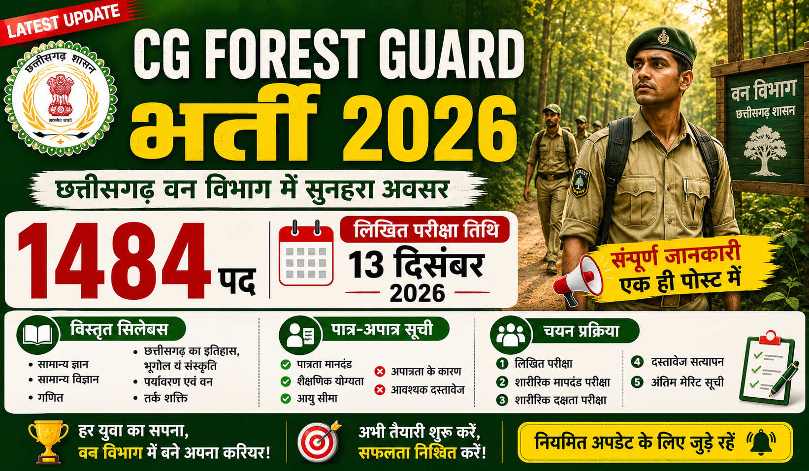 CG Forest Guard Recruitment 2026: 1484 पदों की लिखित परीक्षा तिथि ,विस्तृत सिलेबस,और चयन प्रक्रिया की संपूर्ण जानकारी